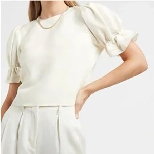 Express Linen-Blend Puff Sleeve Tie Back Top in Ivory, Size S